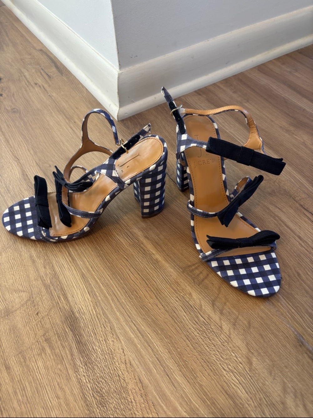 Navy Gingham Strappy Block Heel Sandals with Black Bows